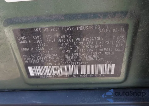 2011 Subaru Outback 2.5I Premium from USA, damaged, VIN 4S4BRBCC6B3424232